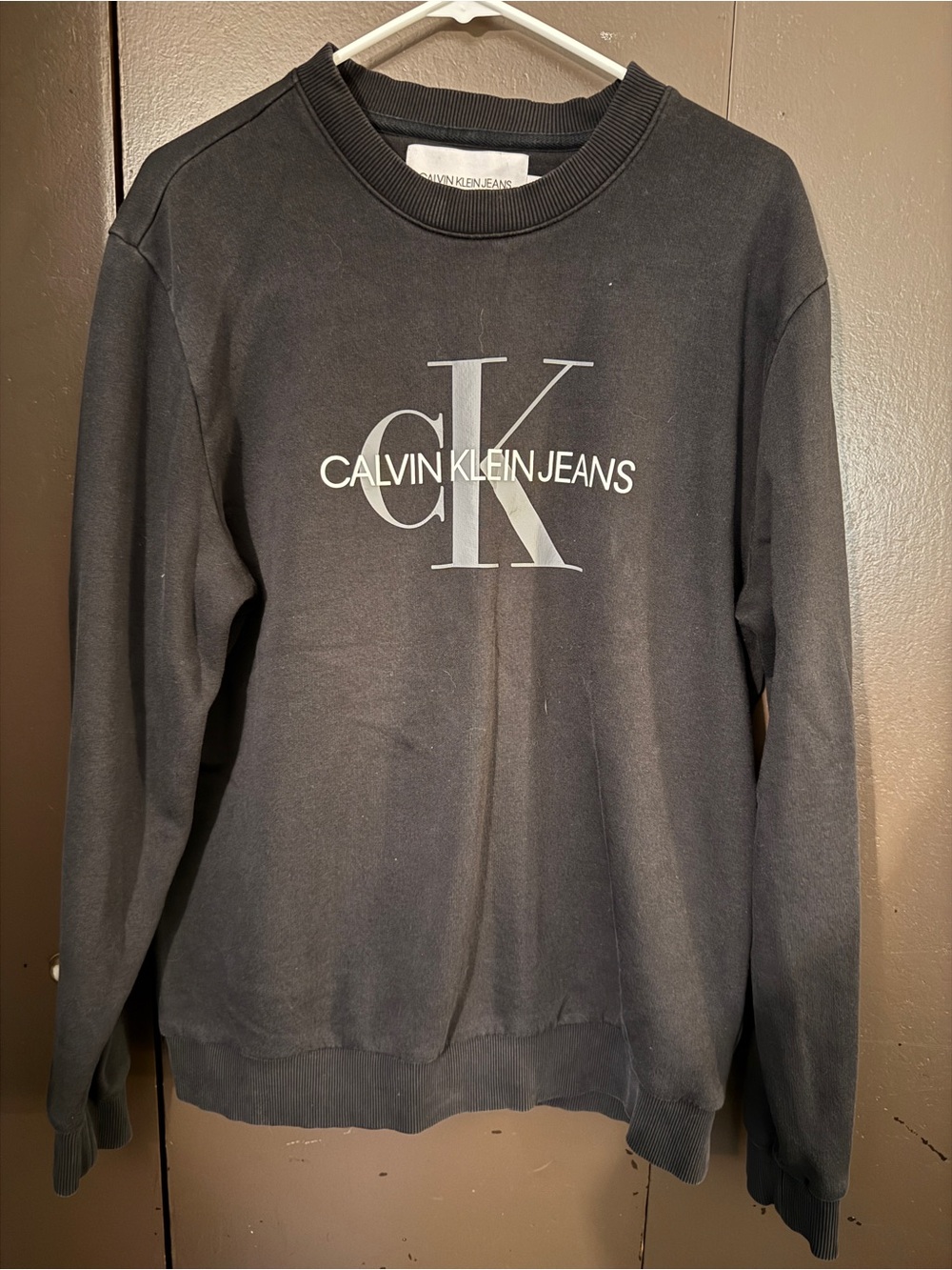 Calvin Klein Jeans Charcoal Black Crewneck Sweatshirt with Gray CK Logo